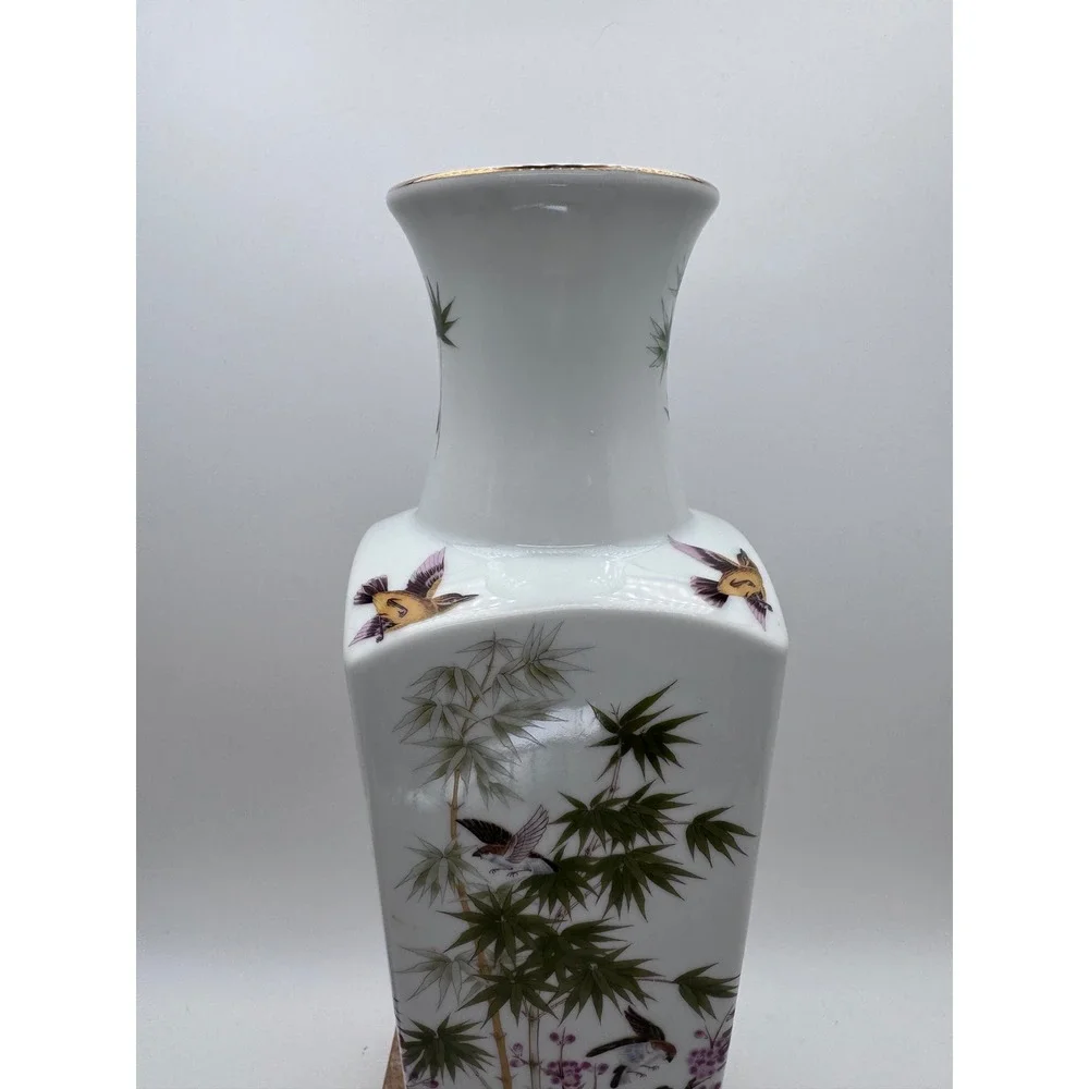 Satsuki Japan Porcelain Vase Vintage Bamboo Birds Cherry Blossom Gold Rim